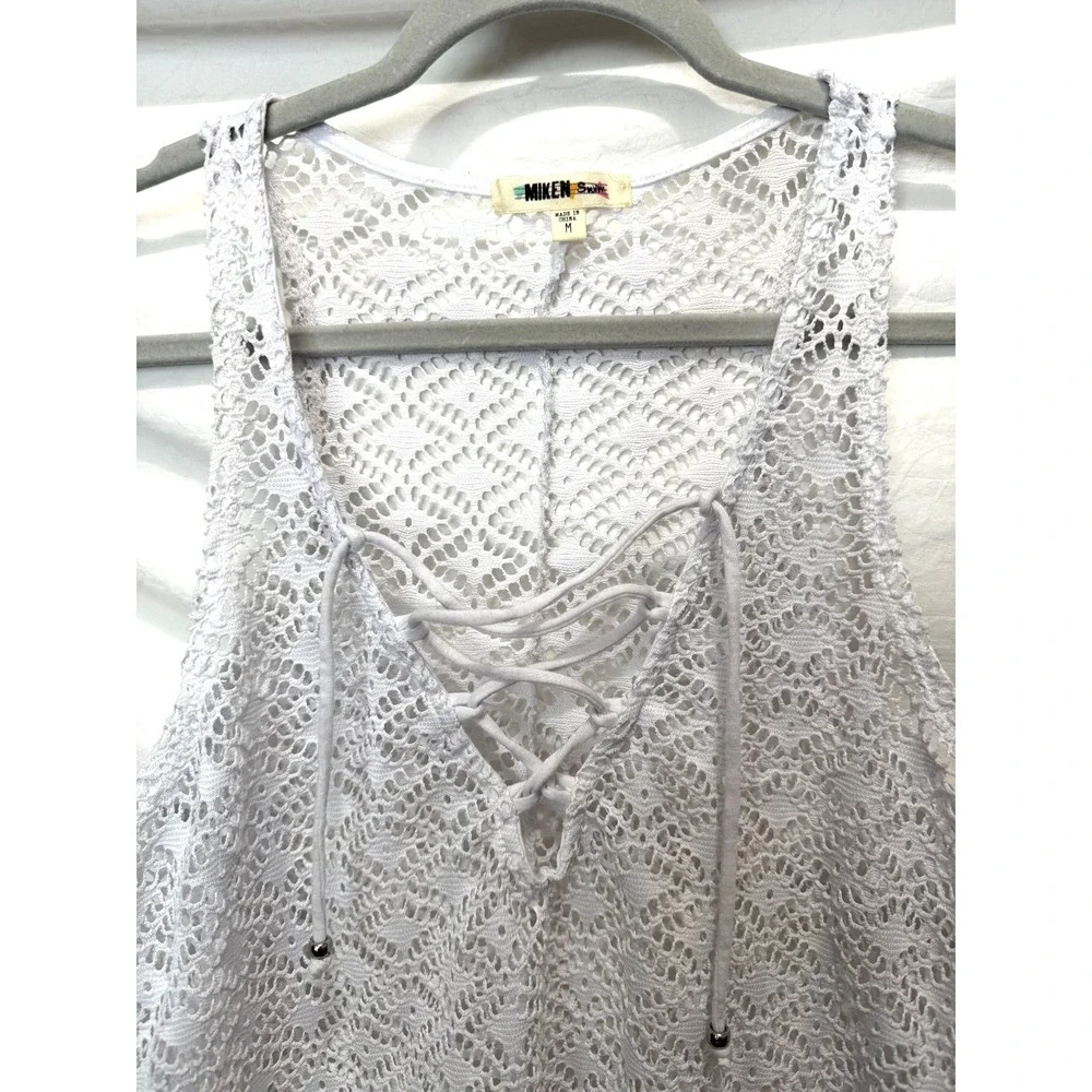 Miken Swim Women's Medium White Sleeveless Mesh Knit‎ Swimsuit Cover-Up Dress